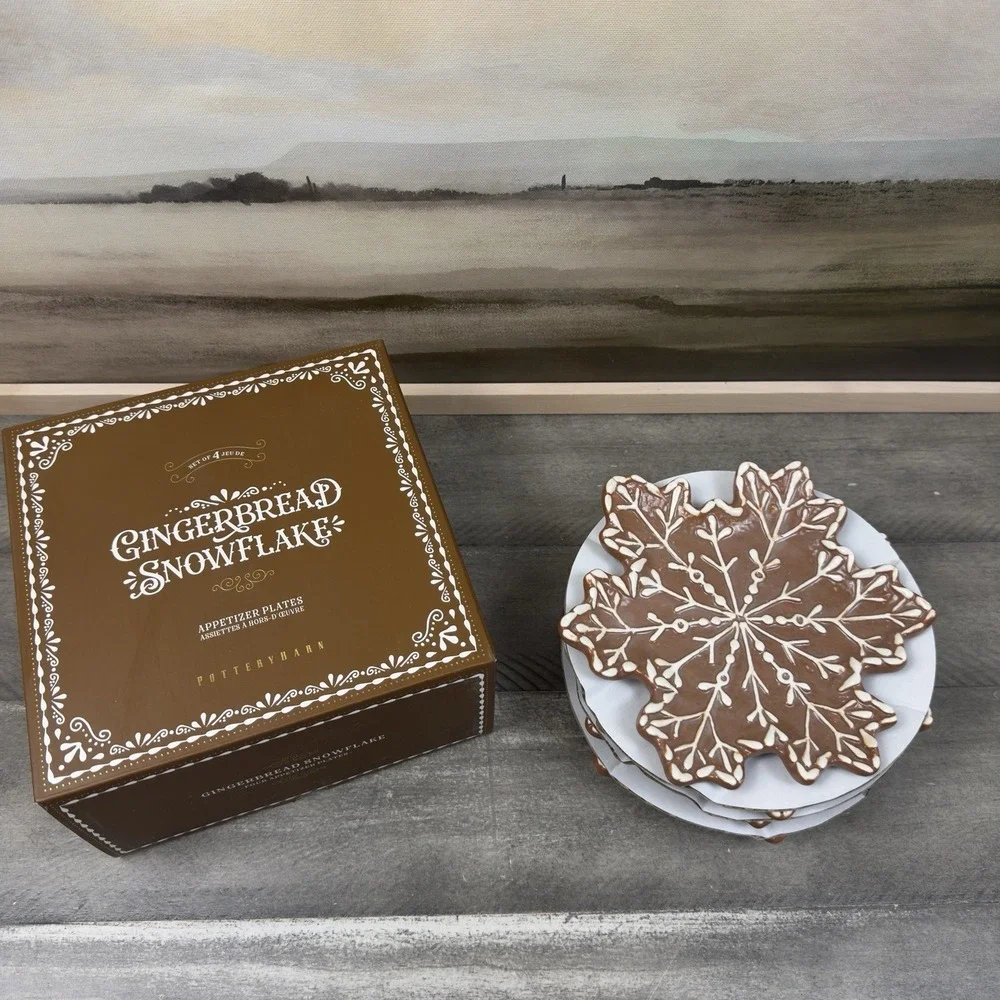 Pottery Barn Gingerbread Snowflake Stoneware Appetizer Plates Set 4 - Holiday